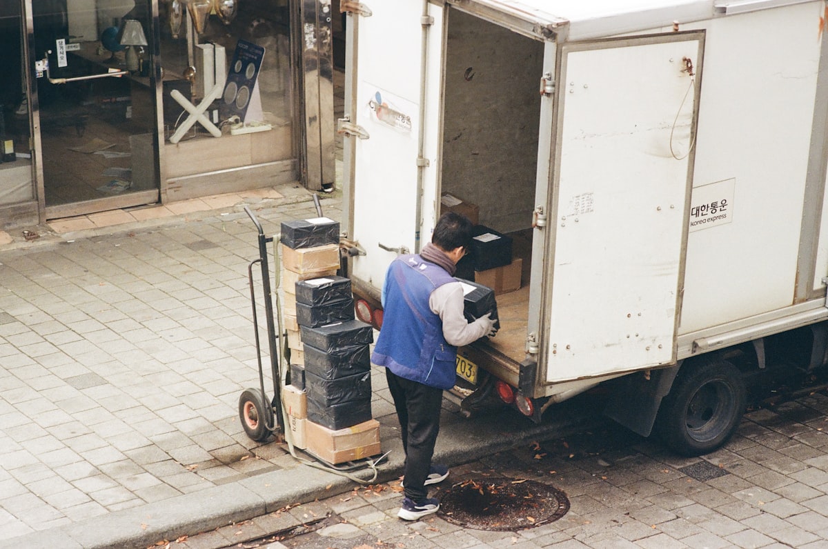 Truck delivering wholesale packages to warehouse
