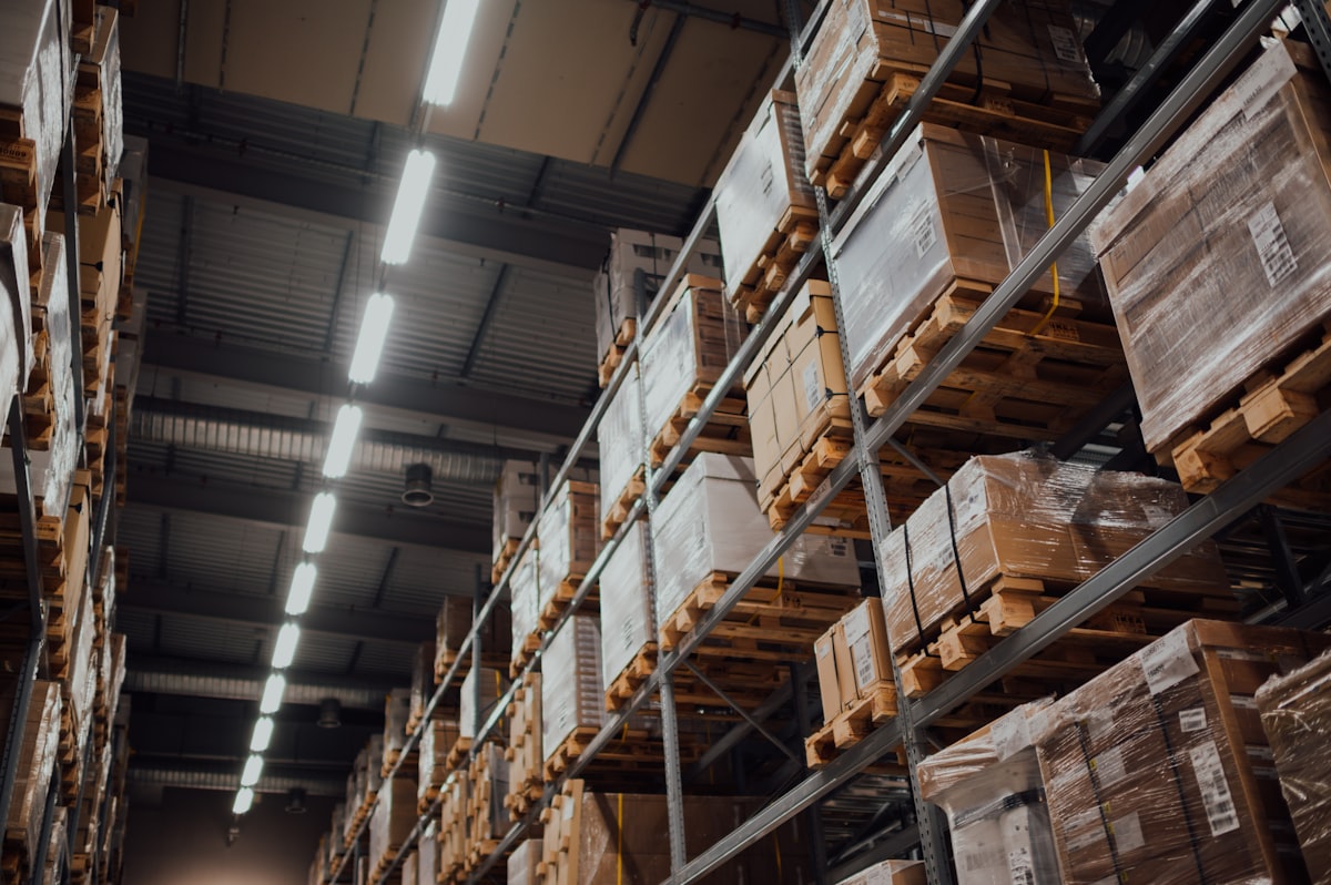 Wholesale distributor warehouse with boxes ready for Amazon FBA shipment